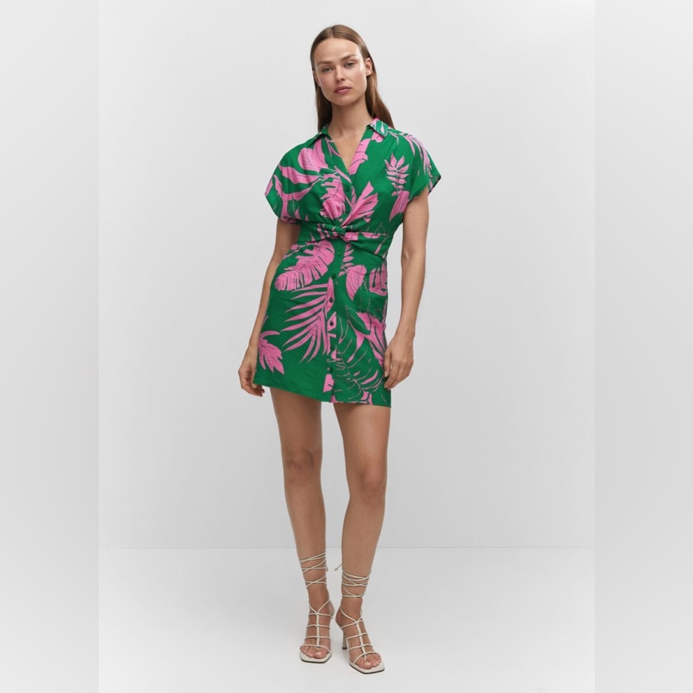 MANGO Pink and Green Tropical shirt dress